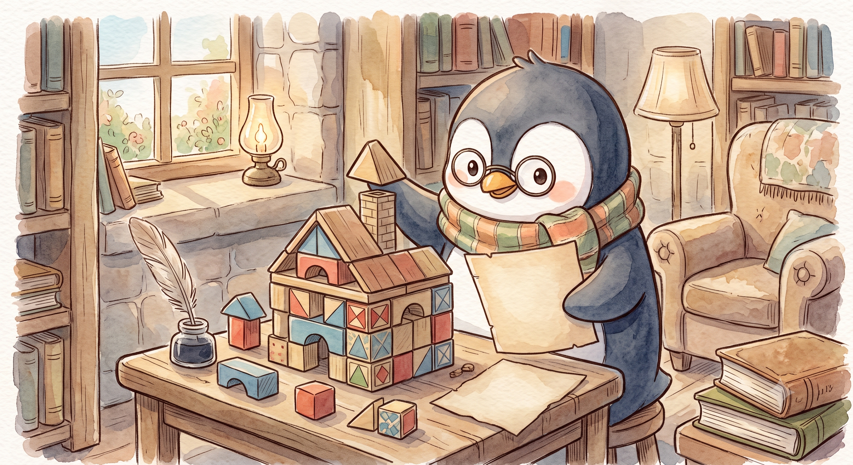 A penguin agent reading an instruction card and stacking blocks into a house