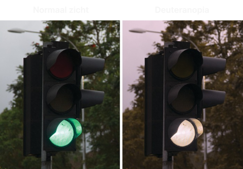Het verschil tussen normaal zicht en deuteranopia (rood-groen blindheid)